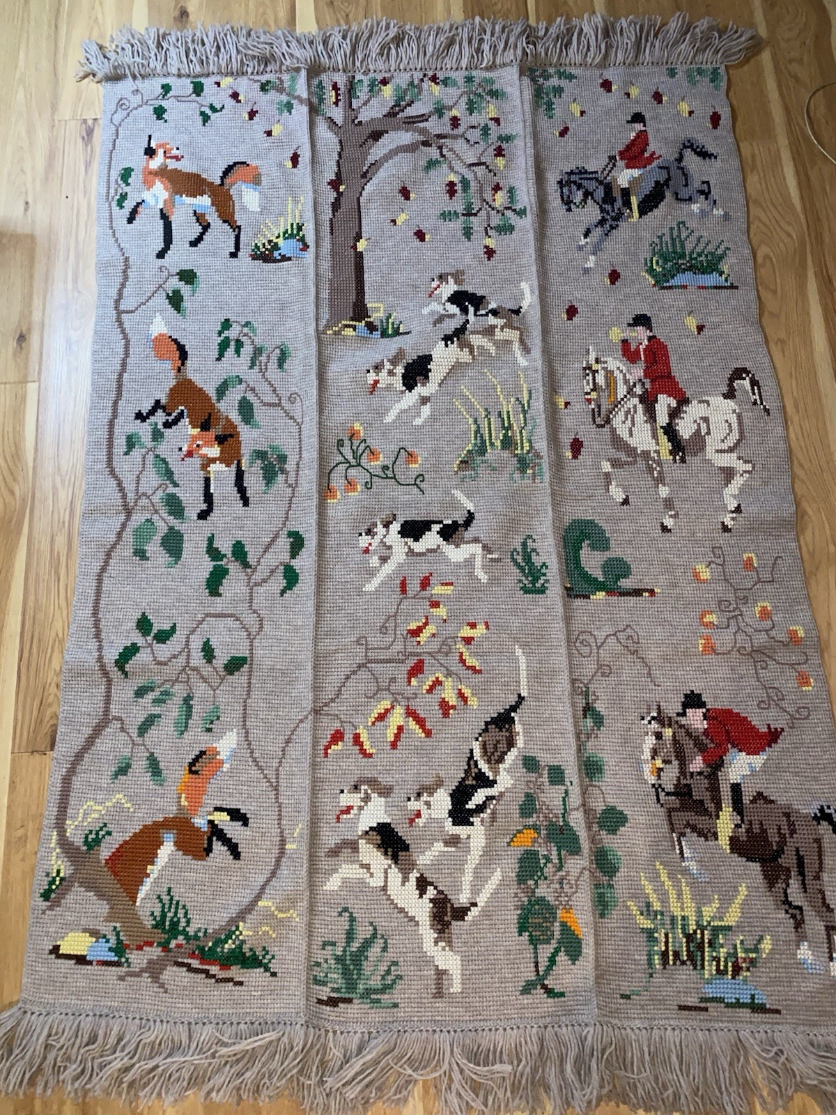 Vintage Hand Knitted and Embroidered English Hunting Scene Afghan Throw Blanket