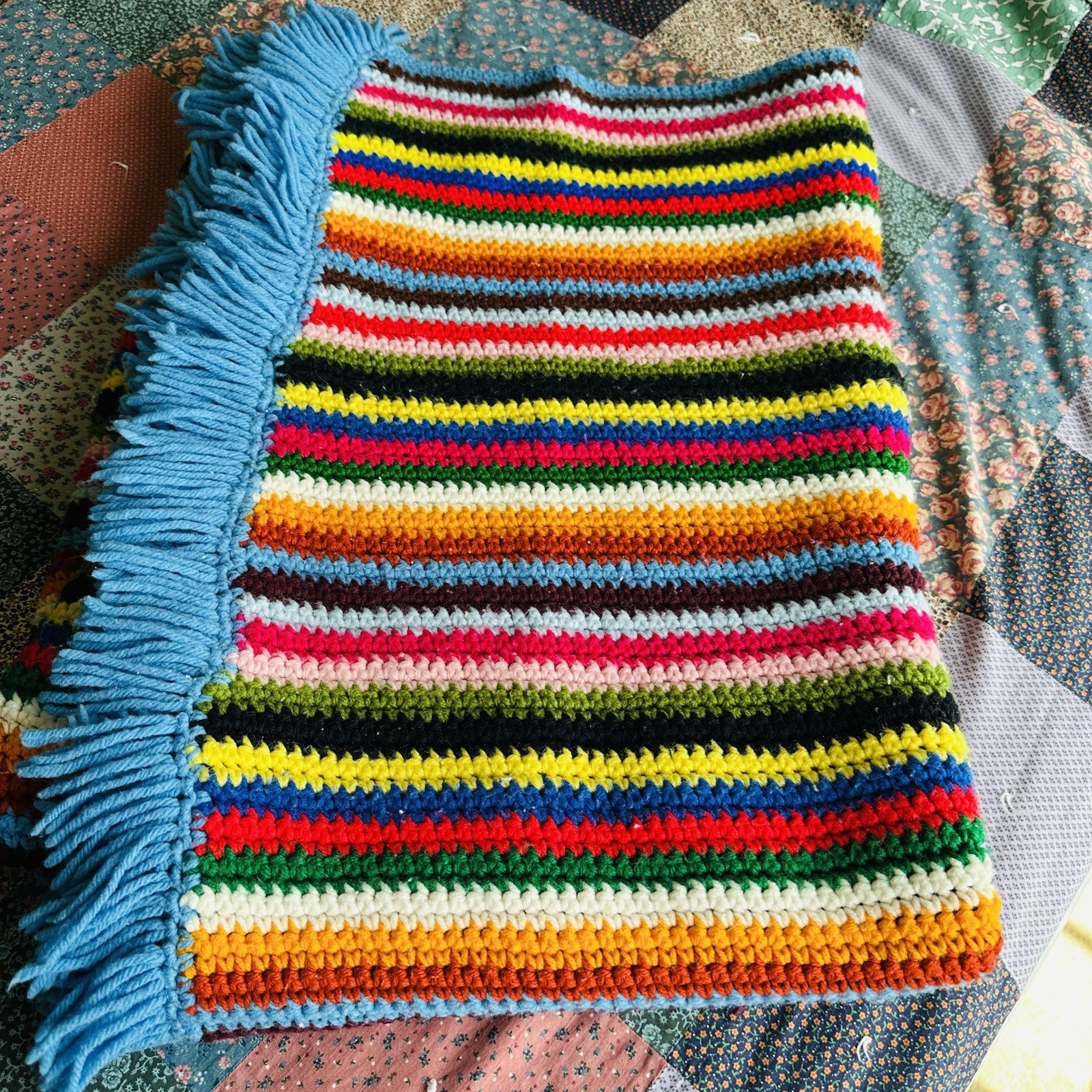 Handmade Crochet Afghan Throw Blanket Multicolor Rainbow Striped Blue Fringe