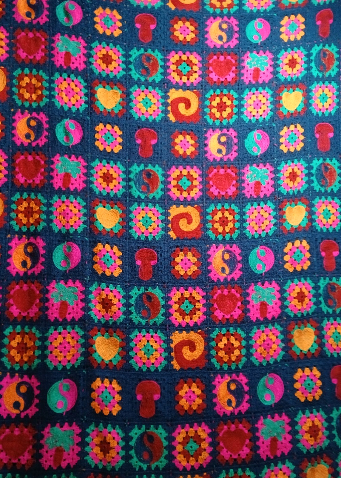 Magaschoni Granny Square Afghan Crochet Colorful Blanket Yin Yang Mushrooms