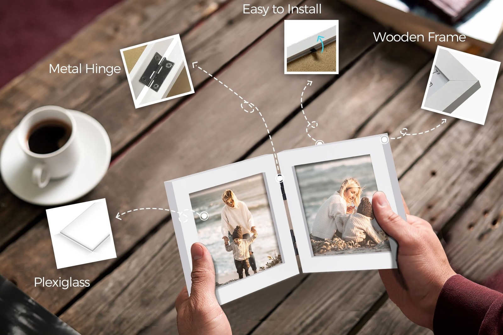 Double 4×4 Square Combo, White Wood Picture Frame, 3.5×3.5 Opening Foldable P…