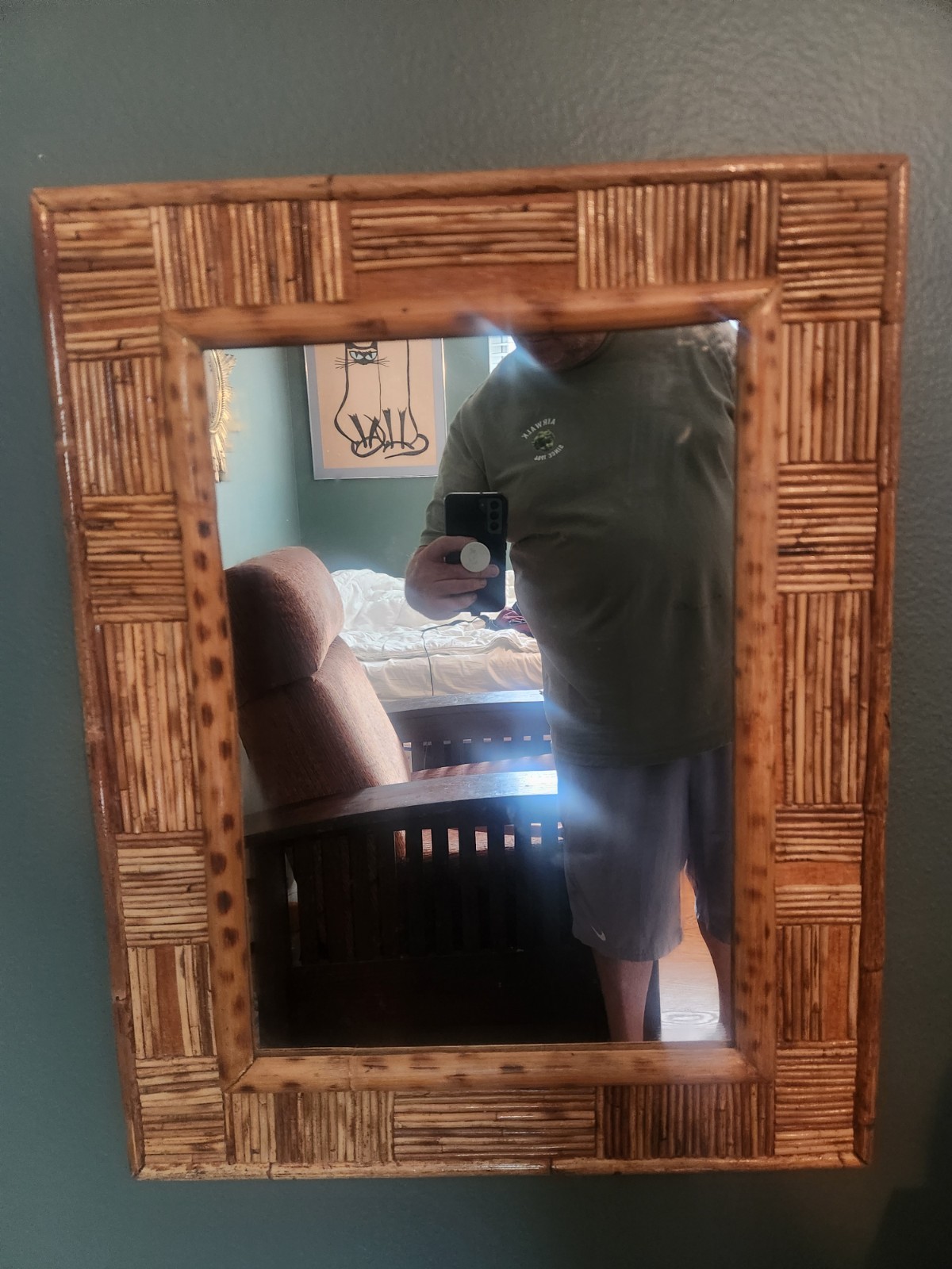 Vintage Coastal Boho MCM Tortoise Bamboo Rectangle Framed Mirror – 27” x 22”