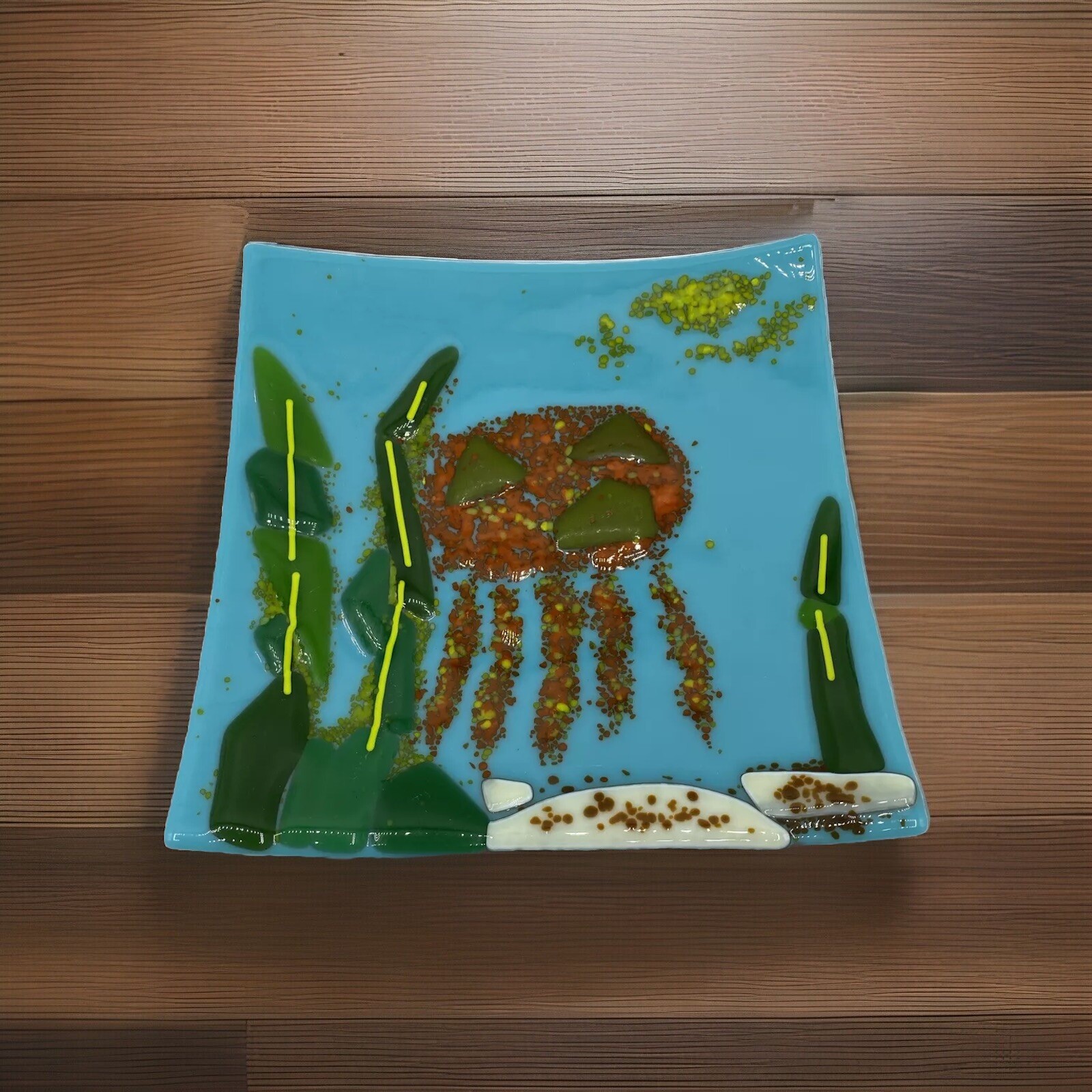 Fused Glass Dish Square Colorful Beach Ocean Vibes 8.5”x8.5”
