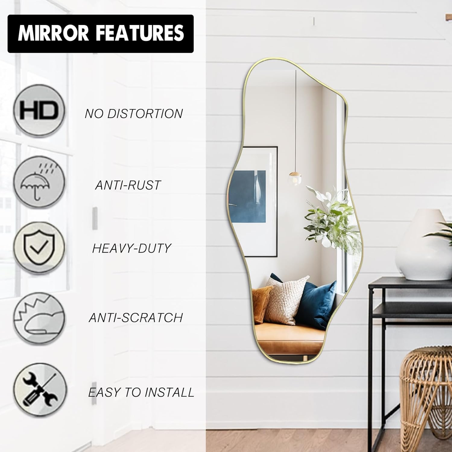 Irregular Wall Mirror, 51.1″x23.6″ Asymmetrical Frameless Mirrors, Large Modern