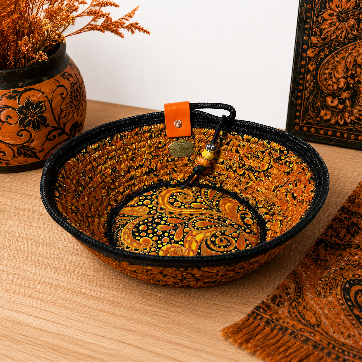 Paisley Style Orange and Black Handmade Fabric Wrapped Rope Bowl See Video & Pic