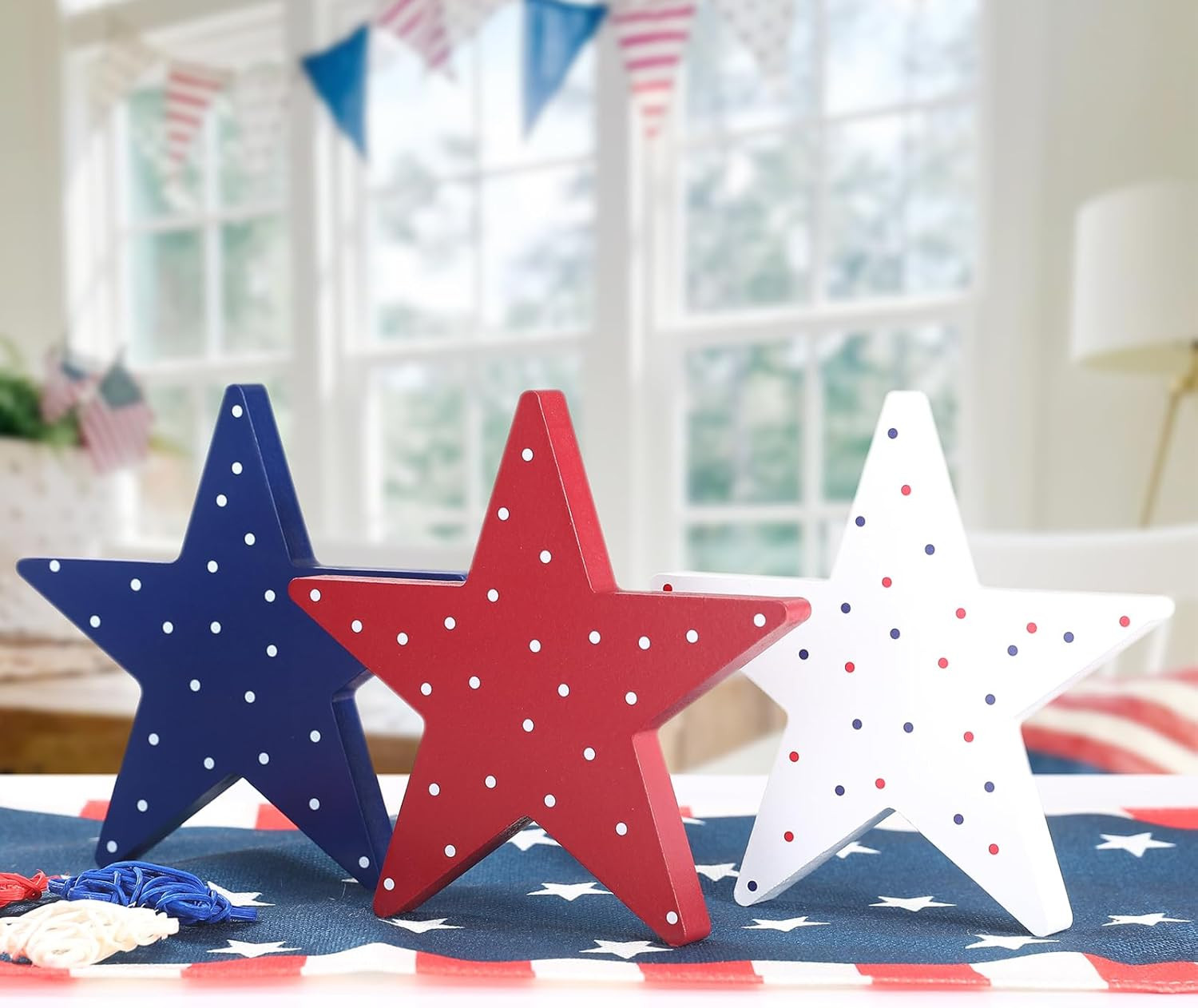 4Th of July Decorations-3Pcs Patriotic Wooden Stars Sign-Classic Red White Blue