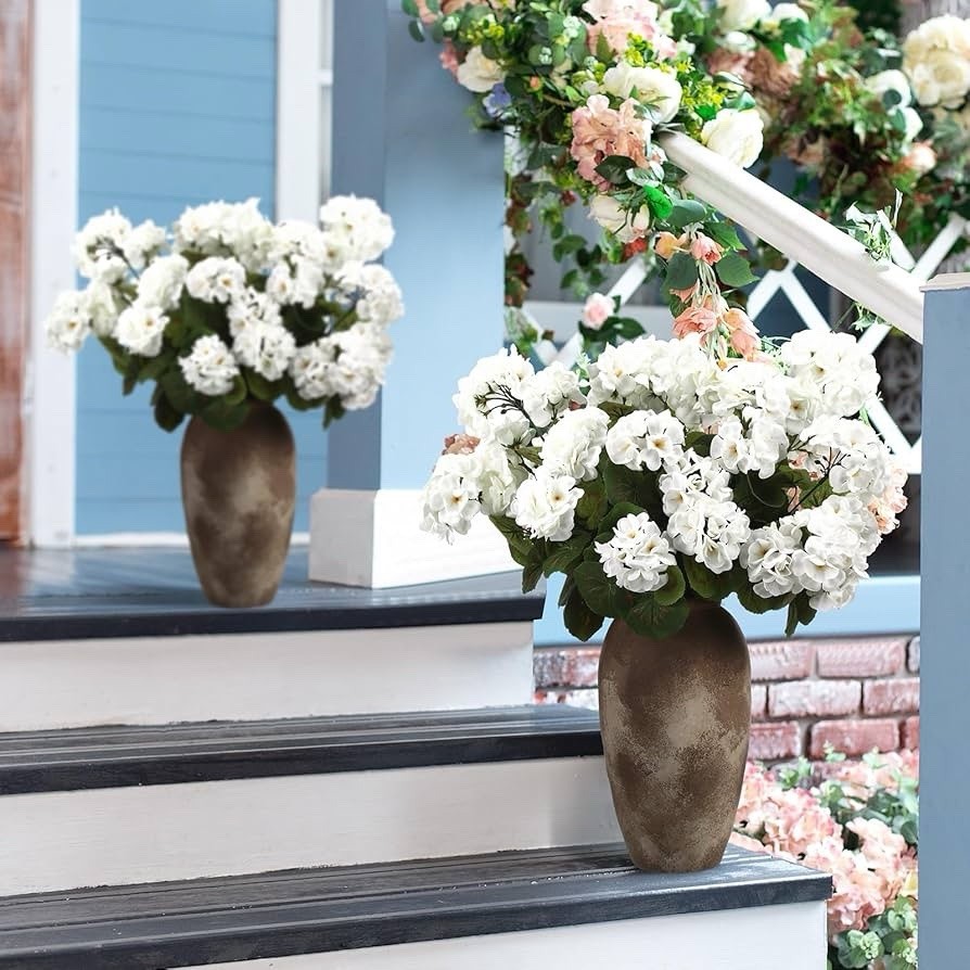 4 Pcs 18” Artificial Geraniums 36 Heads White Faux Fake Planters For Home Decor