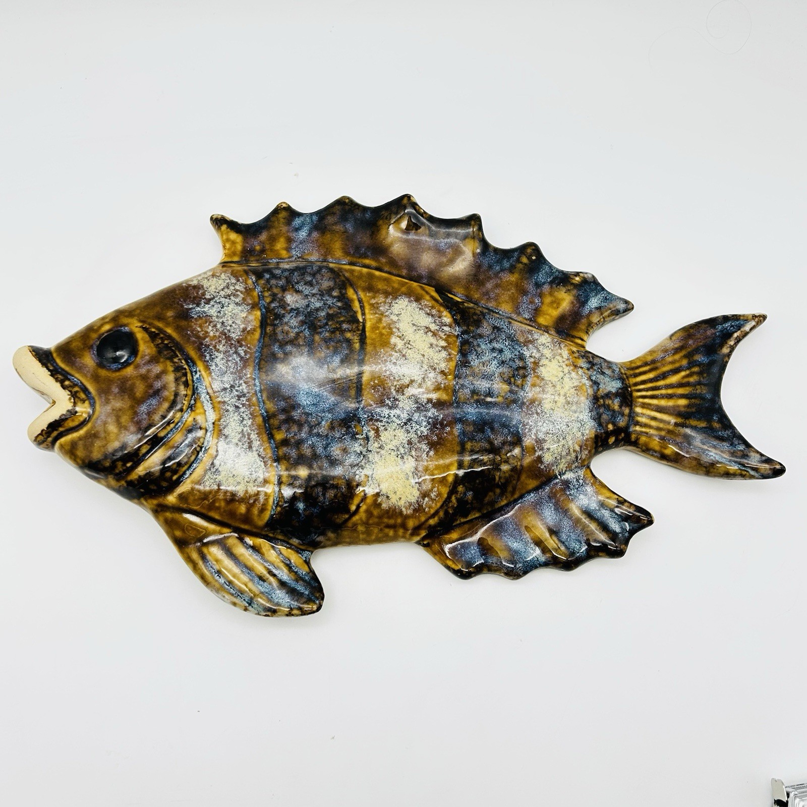 Large Vintage Ceramic Glazed Fish Art Pottery Hanging Plaque NICE!!