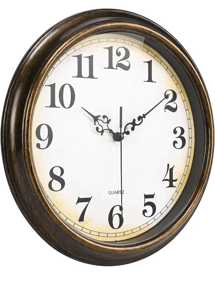 12 in Round Quartz Analog Hanging Wall Clock, Arabic Numerals, Brown/Gold