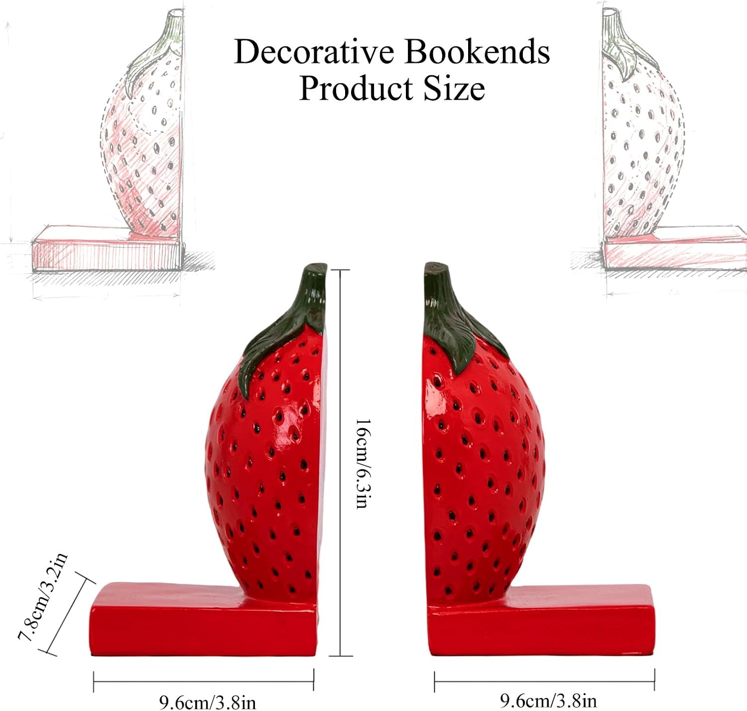 Strawberry Decorative Bookends, Resin Book Ends for Shelves with Cute Aesthet…