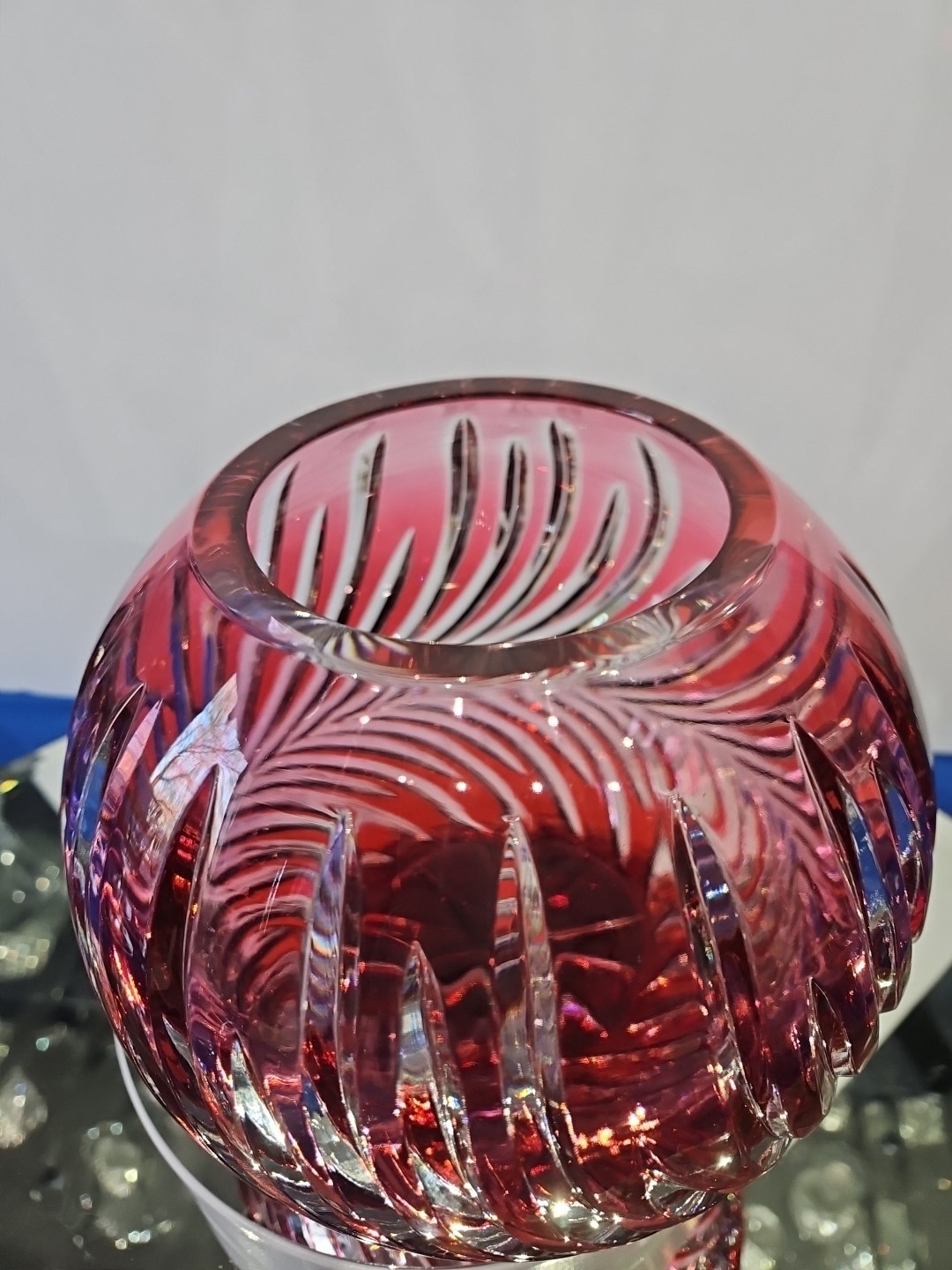 6″ Rose Globe Bowl Vase, Glass Cranberry Red Pink Cut to clear Crystal Lausitzer