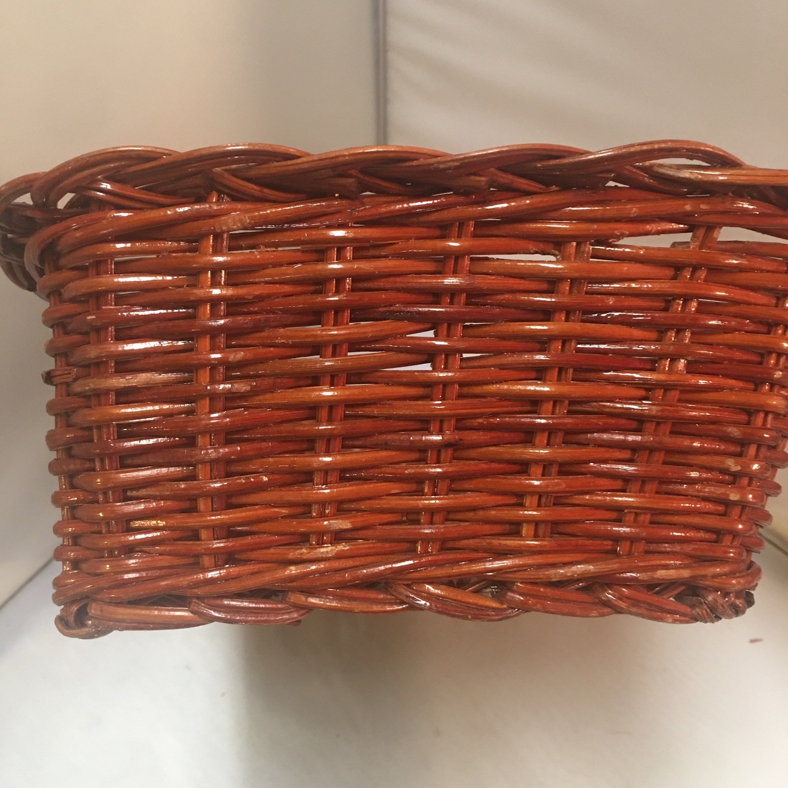 Woven Wicker Storage Basket Medium Brown Braided Rim Rectangular Cottagecore