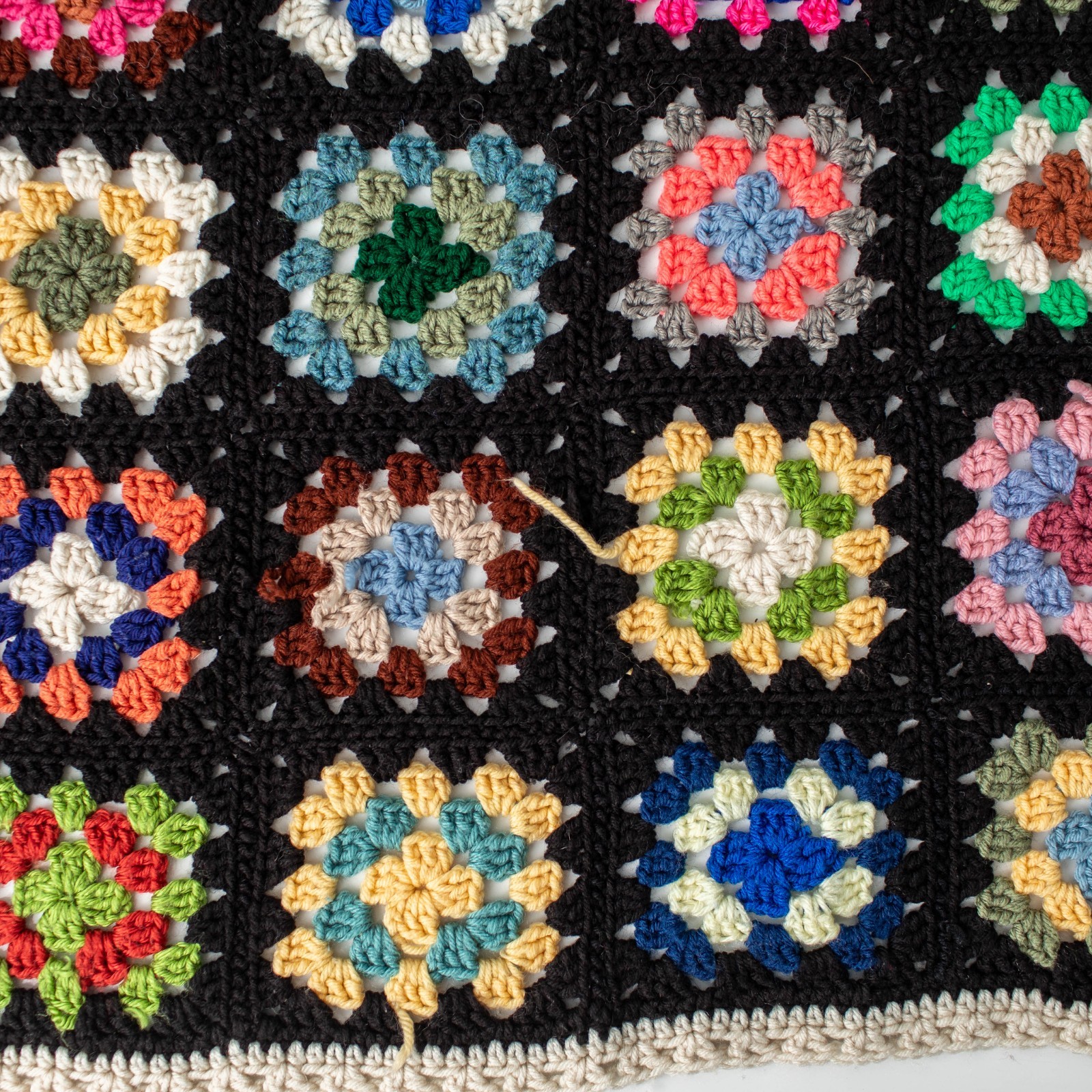 Handmade Crochet Granny Square Afghan Throw Blanket Multicolor Black Boho 50×64