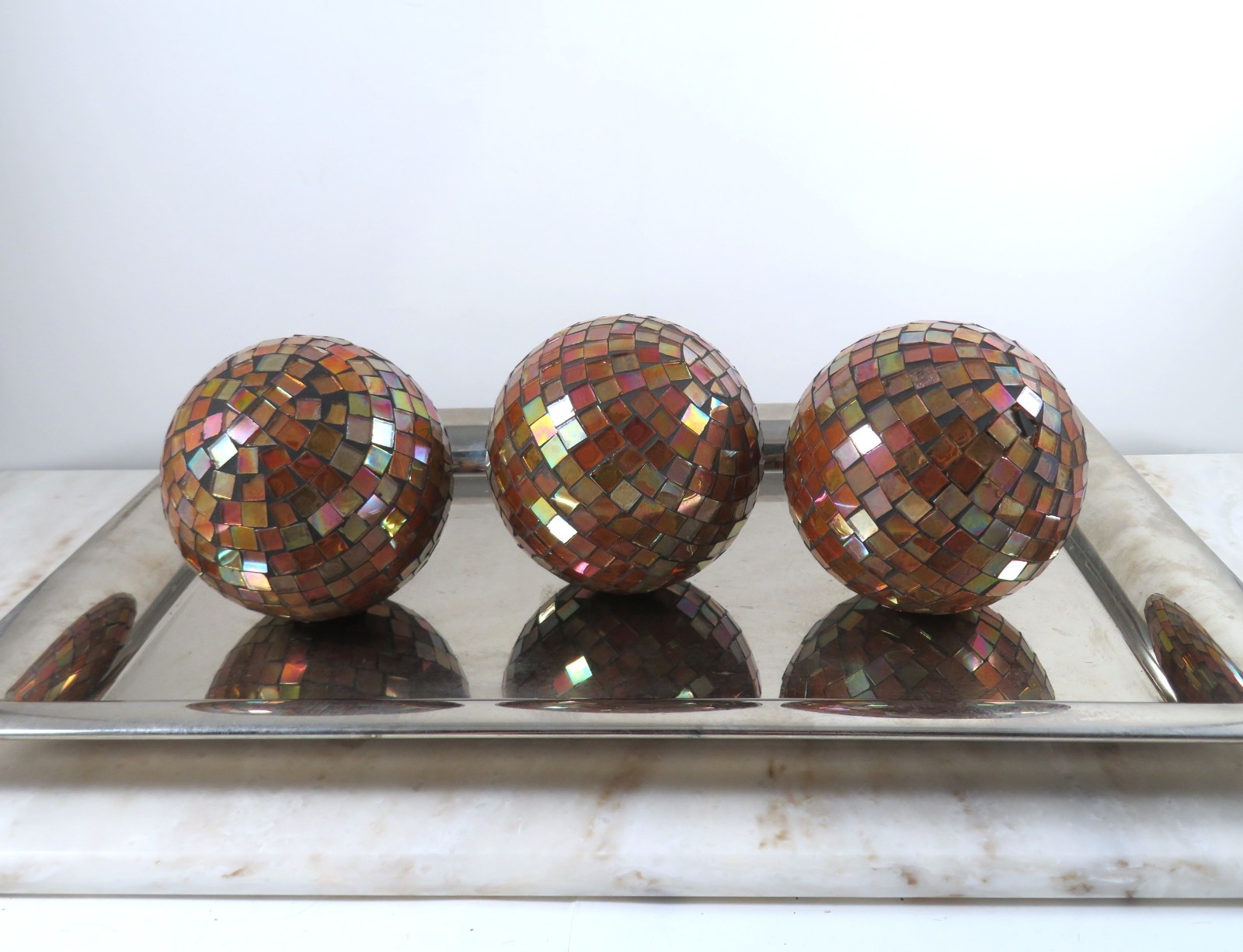 Vintage Mosaic Orbs Glass On Plastic Set Of 3 Iridescent Copper 4 Inch Handmade
