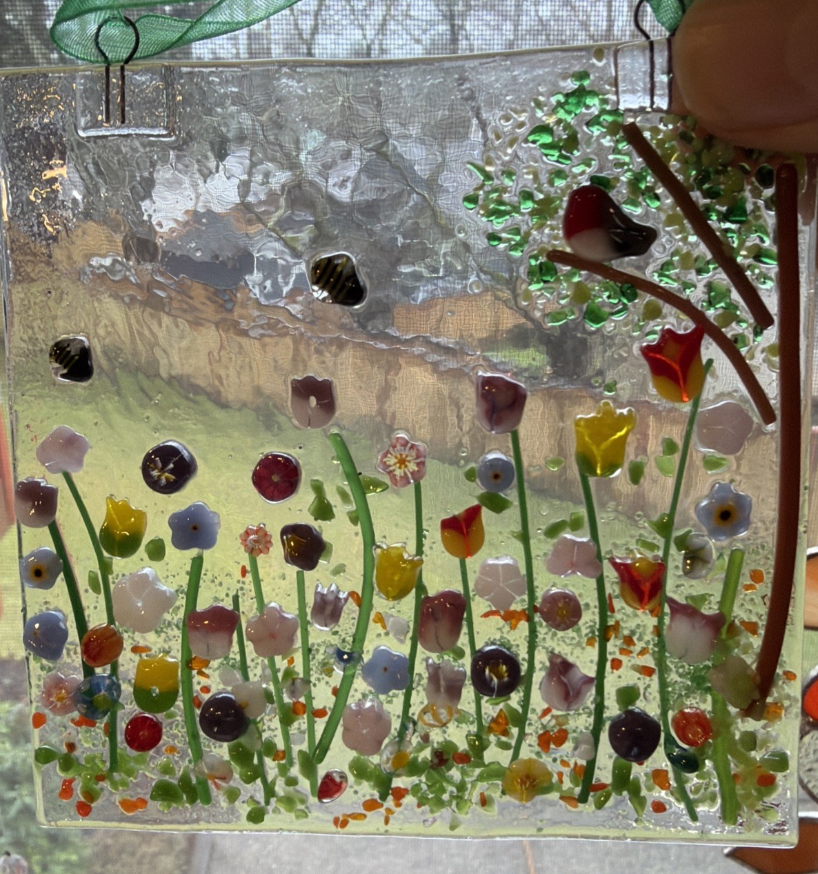 Fused Glass Handmade Square 4”x 4” Multicolor Sun Catcher Signed By Artist