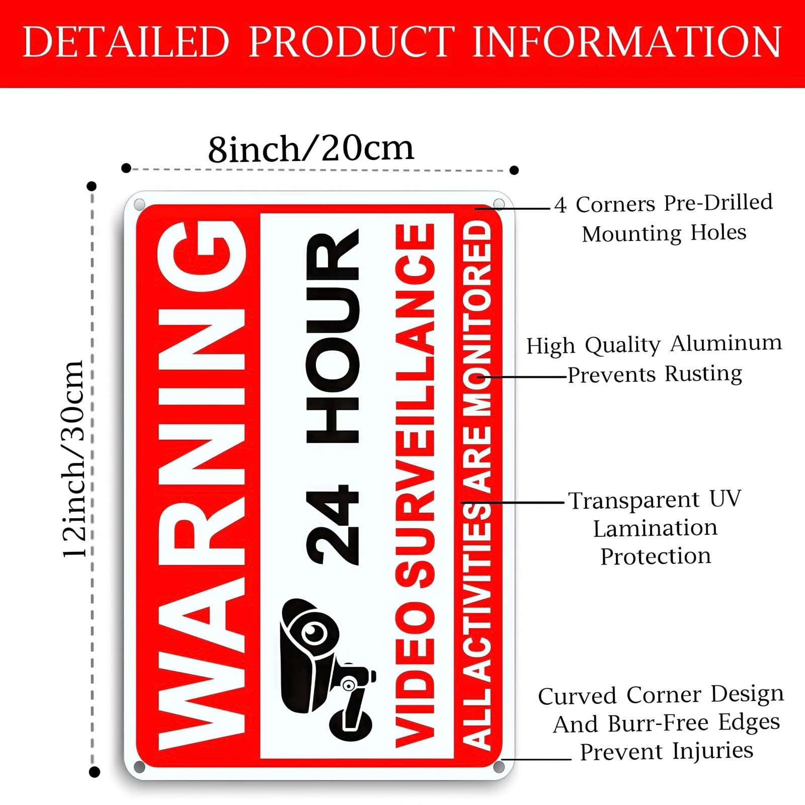 4 Pack Video Surveillance Signs, 8 x 12 Inch Aluminum 12×8 Inches, Red, White