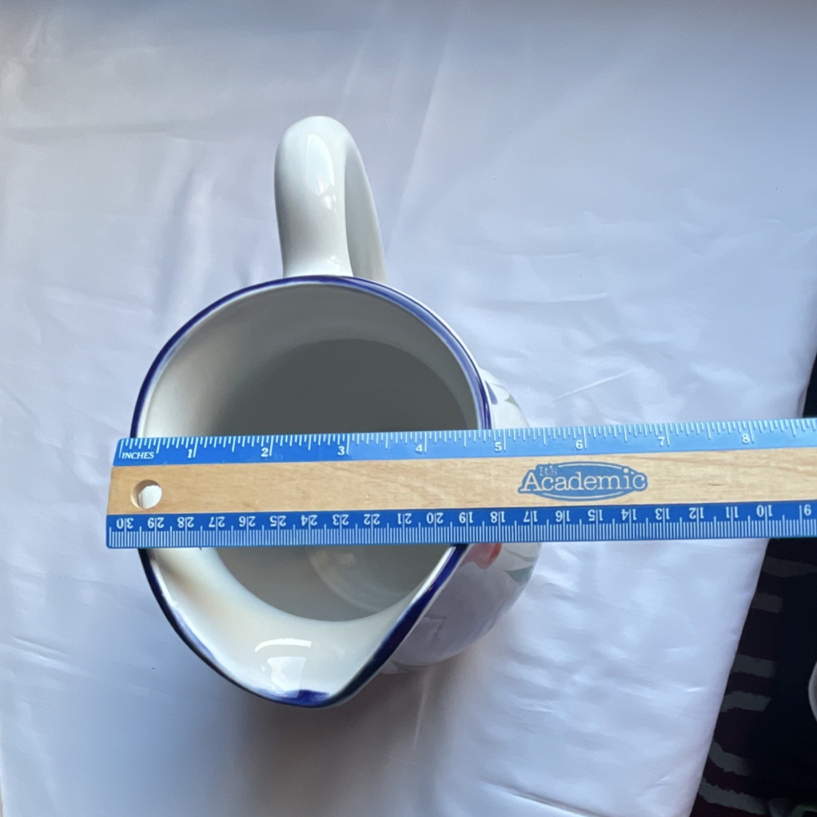 Dansk Floral Ceramic Pitcher – Hand‑Painted Tulip Design – Blue Rim – 8″ Vintage