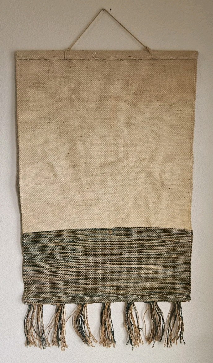 Vtg 70s Peacock Burlap Wall Hanging Boho Embroidered 3D Satin Stitch Fringe 41″
