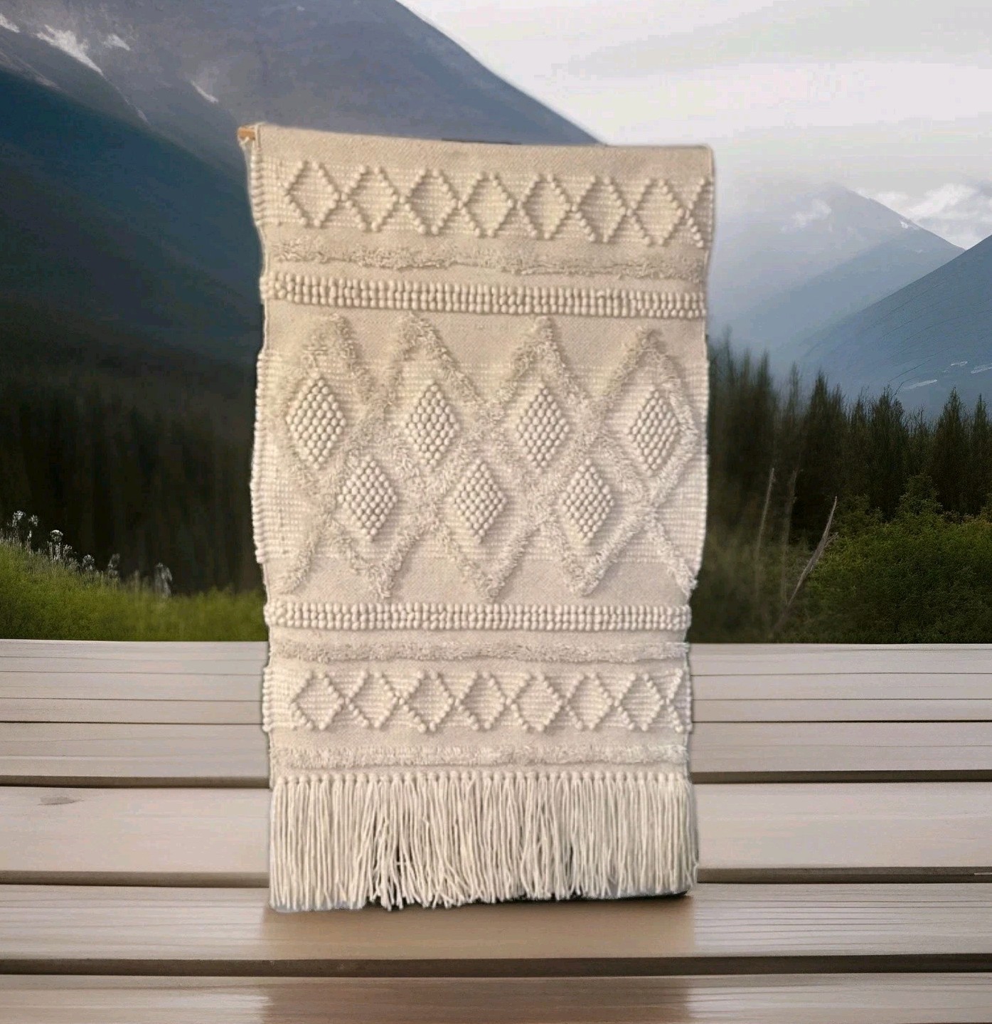 Woven Wall Hanging Tapestry Cream Boho Bohemian Art Decor Texture Geometr Fringe