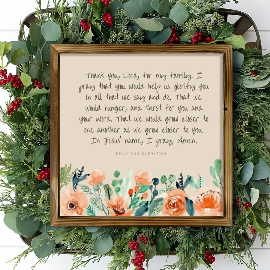 Floral Family Prayer Wooden Sign Farmhouse Christian Living Room Wall Decor