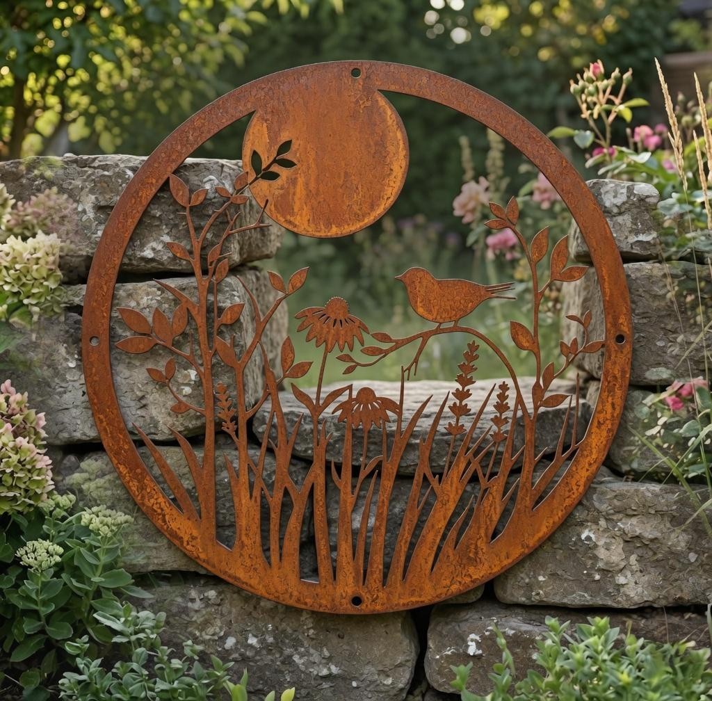 Moon and Bird Metal Wall Art, Rustic Garden Decor, Wildflower Outdoor FenceDecor