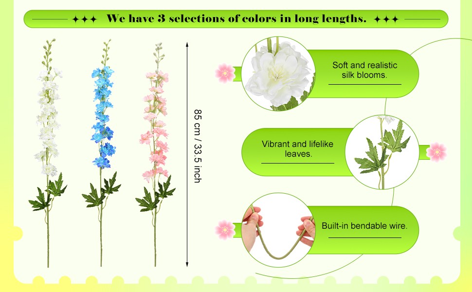 20 Pcs Delphinium Artificial Flowers – 33.5” Long Stem Faux Flower Bulk – Fake