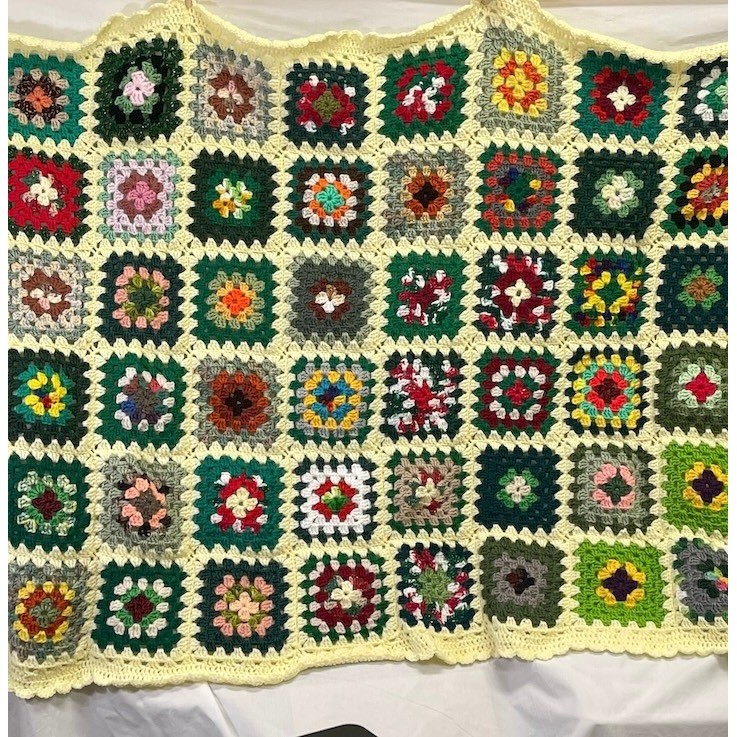 Handmade Granny Square Crochet Blanket Throw Yellow Trim Colorful Boho 72″ x 43″