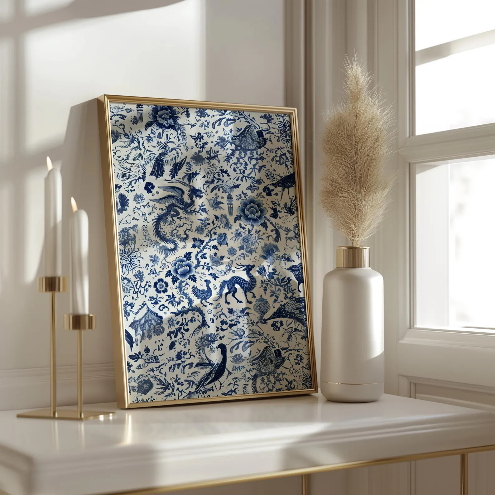 Blue and White Chinoiserie Wall Art, Framed Dragon, Bird, and Plant Print