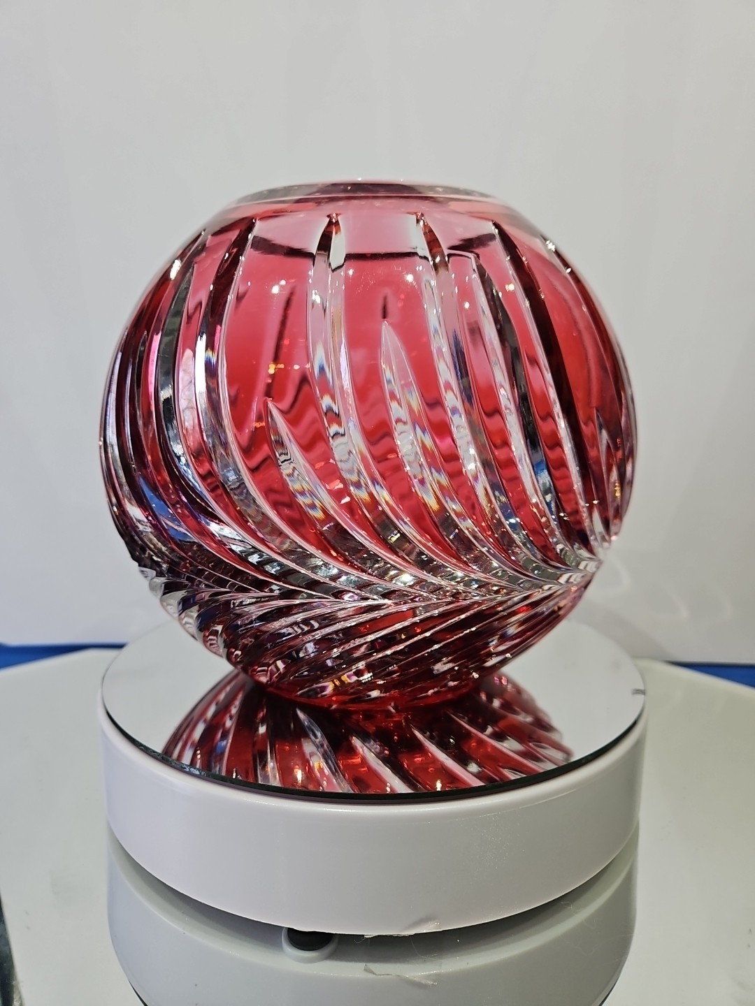 6″ Rose Globe Bowl Vase, Glass Cranberry Red Pink Cut to clear Crystal Lausitzer