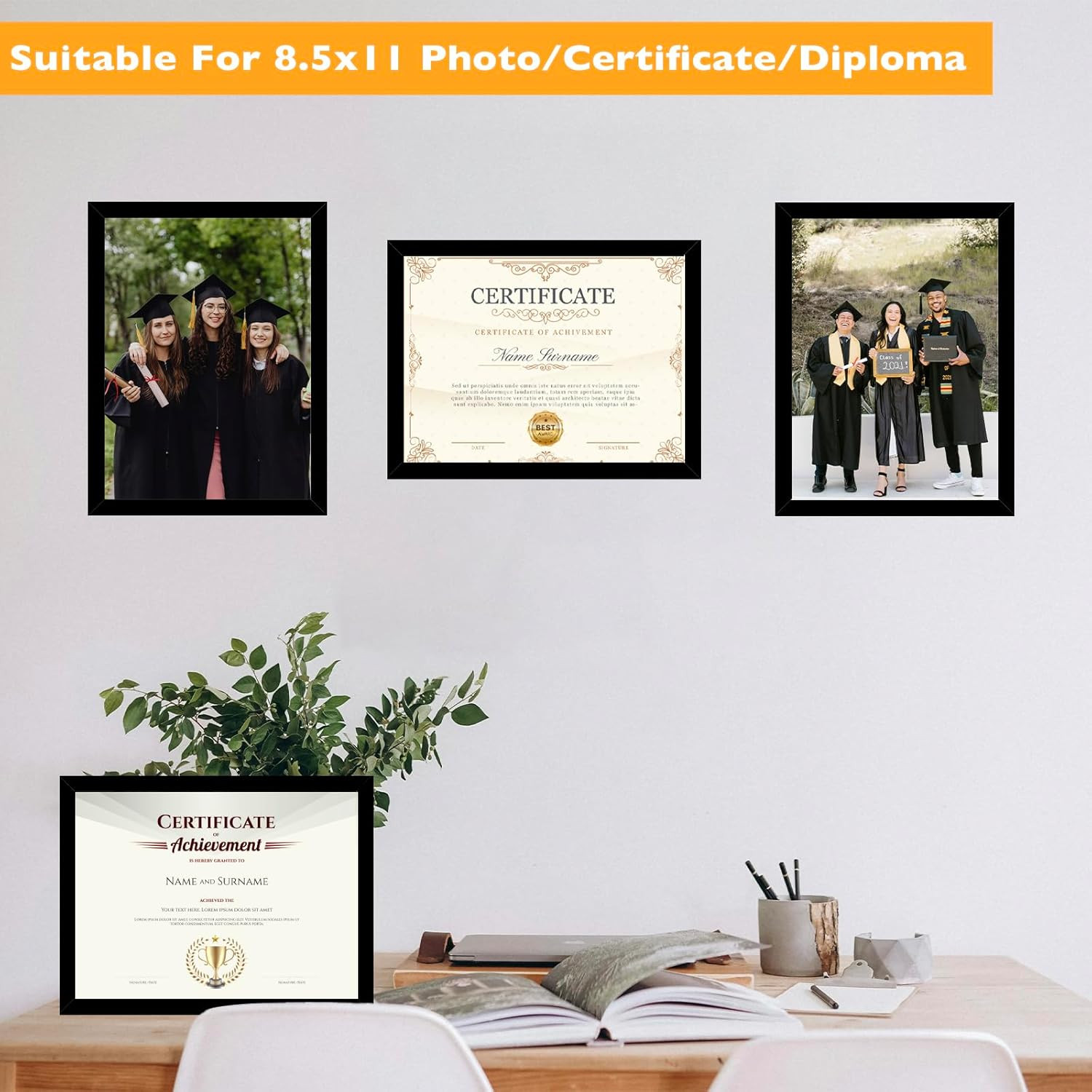 8.5X11 Picture Frame Black for 8.5 by 11 Document Certificate Diploma, Wood 8 1/
