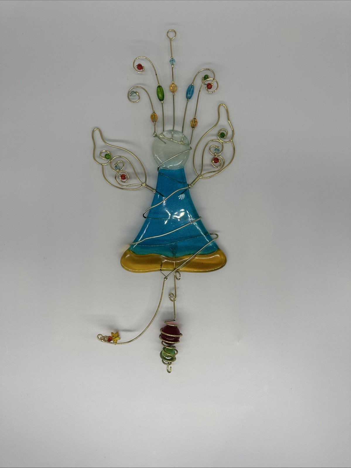 Hanging Fused Stained Glass Angel Wired Suncatcher Colorful Glass Beads 14.5″