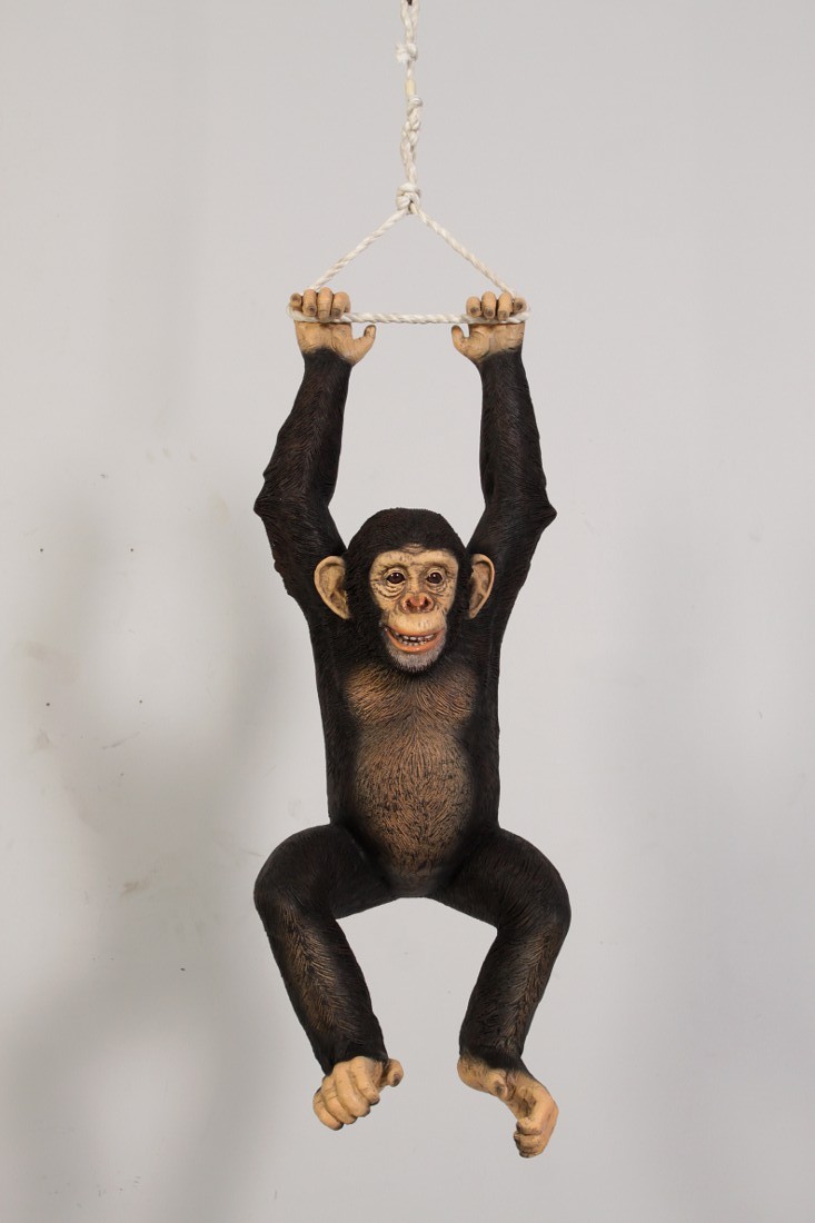 Realistic Chimpanzee Monkey Hanging From Rope With Two Hands Life Size Statue