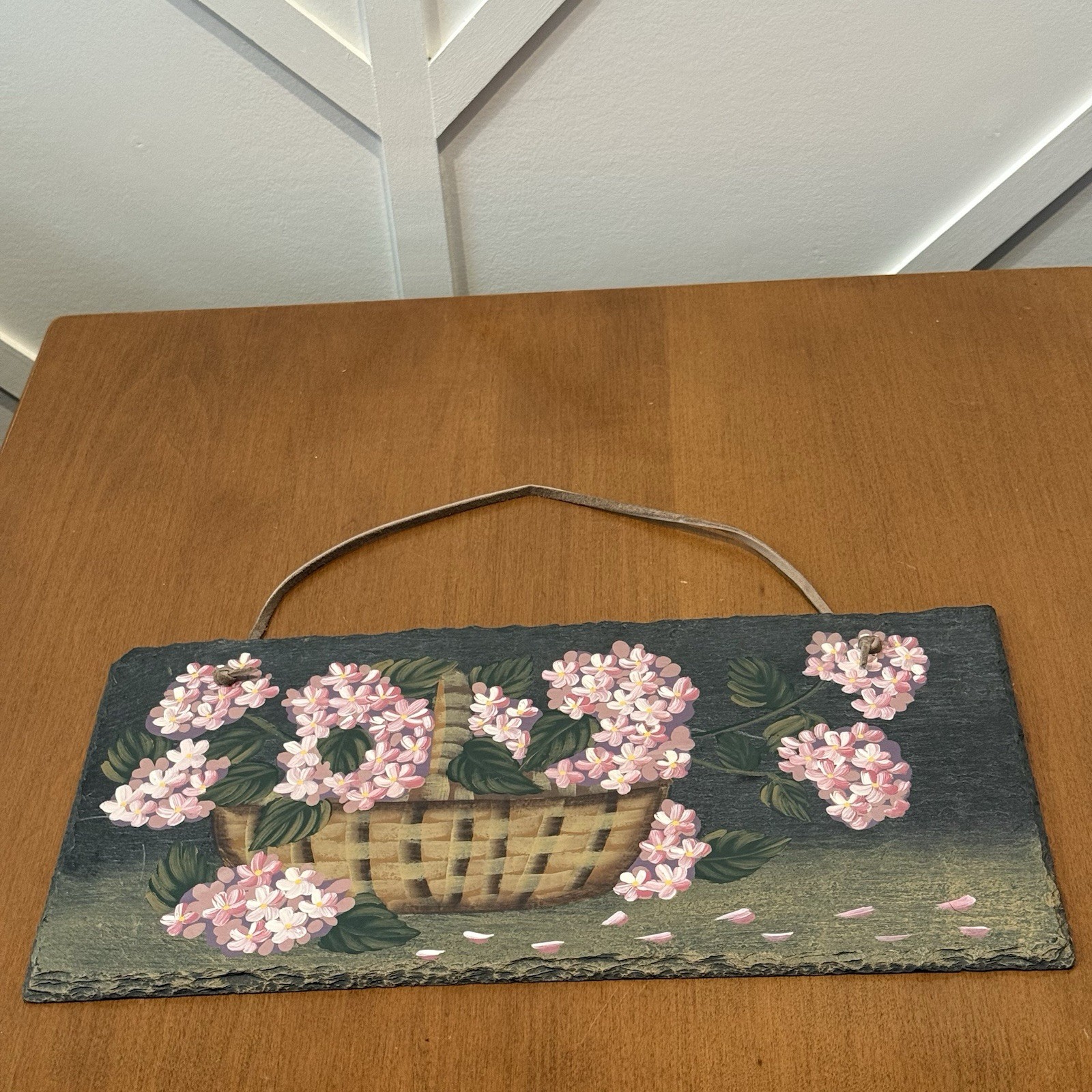 Natural Slate Handpainted Pink White Flower Basket Plaque Folk Art Farmhouse