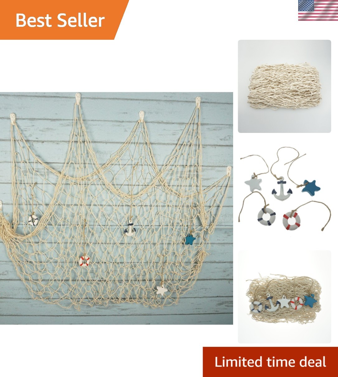 Unique Nautical Fishing Net Wall Hangings with Decorative Ornaments, 6-Piece Set