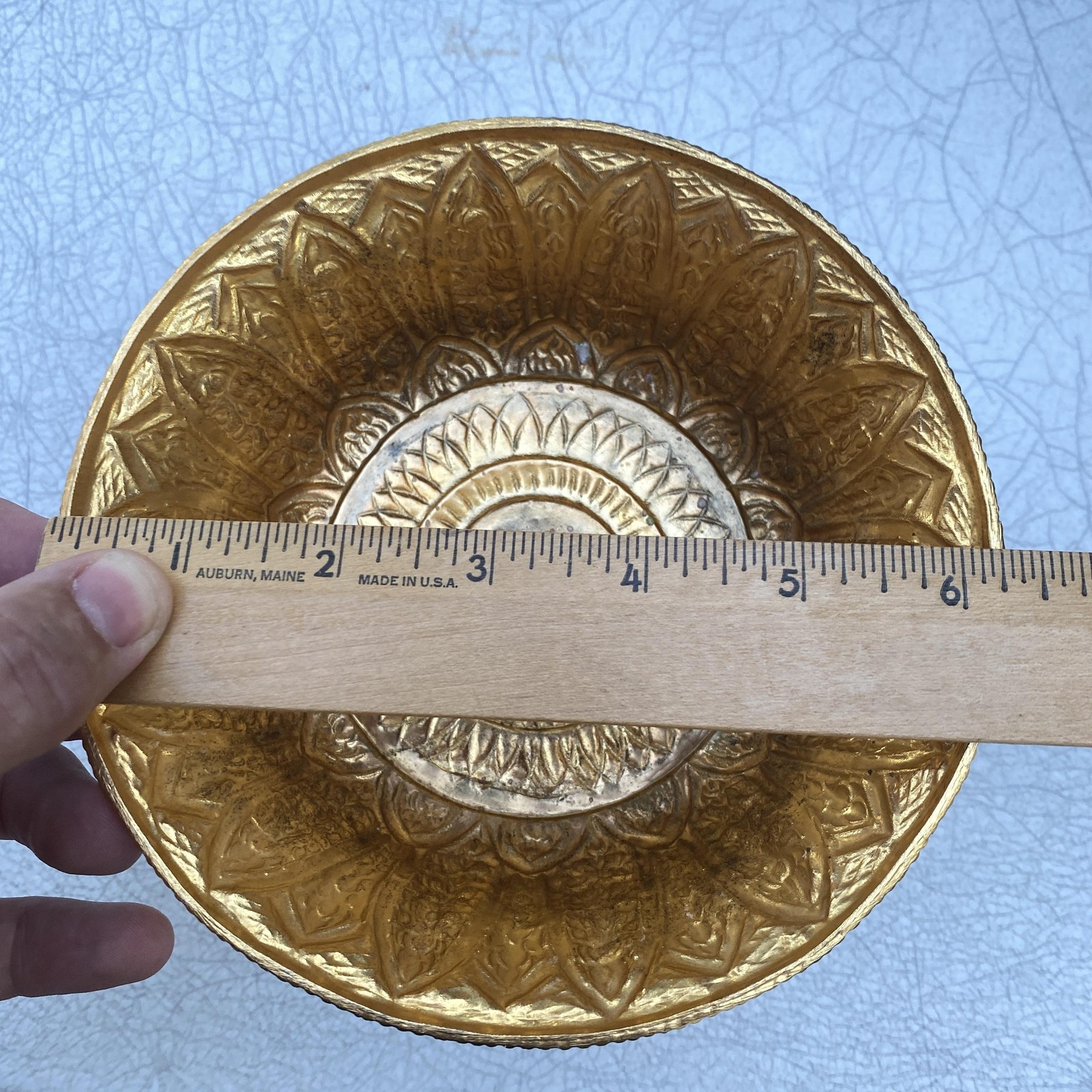 Vintage Style Phan Lao Thai Design High Foot Gold Tray Embossed Aluminum 6″ x 5″