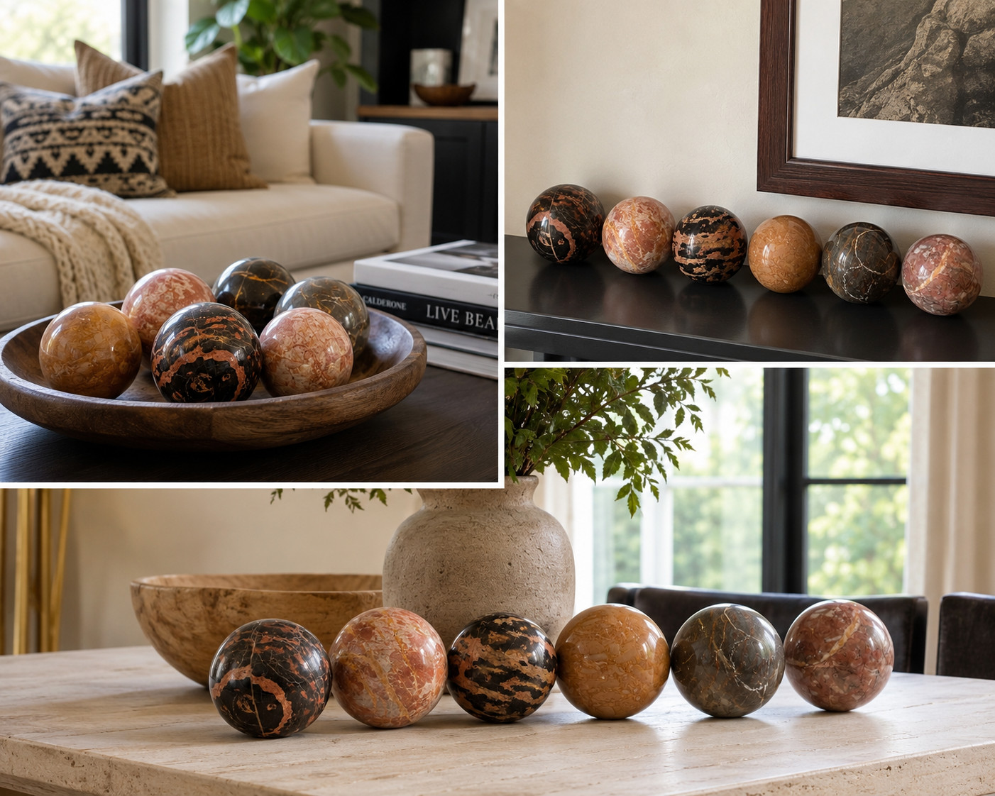 Set of 6 Polished Marble Stone Spheres 4” Decorative Orbs Natural Veined Art Dis