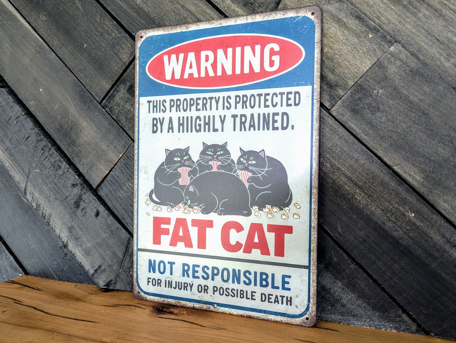 Warning Property Protected By Fat Cat Sign – Funny Pet Decor – 8 x 12 in