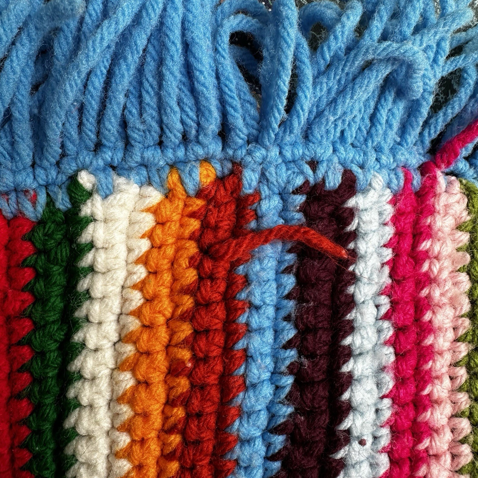 Handmade Crochet Afghan Throw Blanket Multicolor Rainbow Striped Blue Fringe