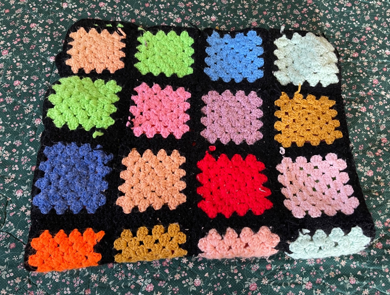 Granny Square Crocheted Throw Afghan Black Multicolor Small 29 x 34 Roseanne