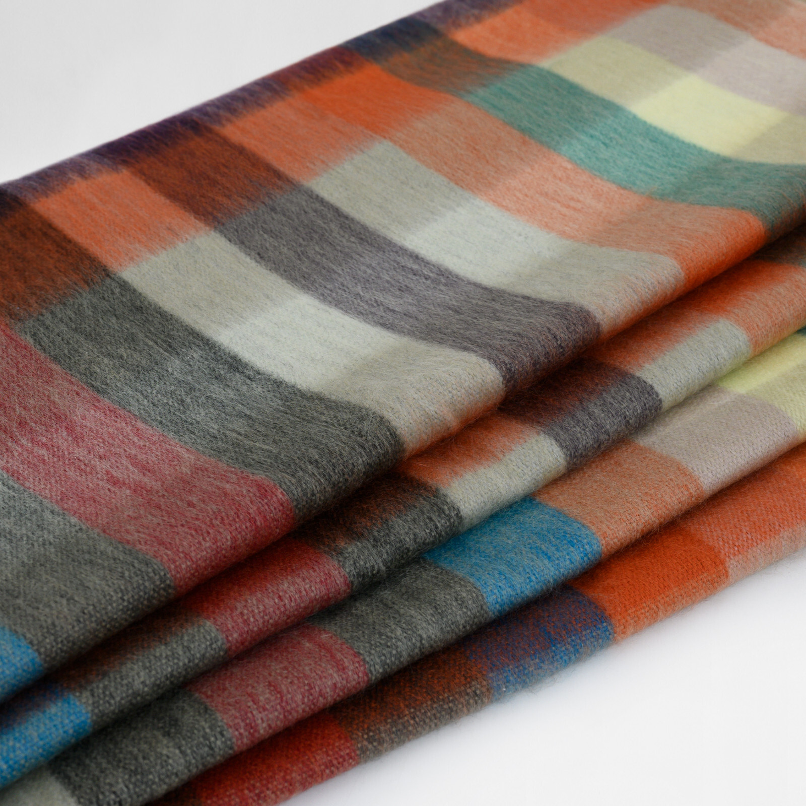 COZY CHECKER ALPACA WOOL BLANKET 96″ x 66″ MULTICOLOR PLAID IN ORANGE BLUE BROWN