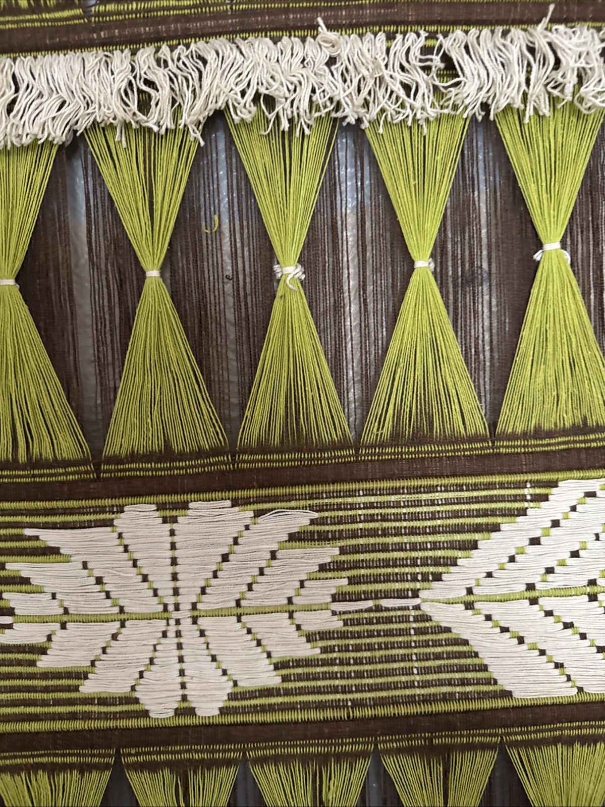 Vintage 70s Handwoven Fiber Art Wall Hanging 33.5”x 61” Approx/Boho MCM textile