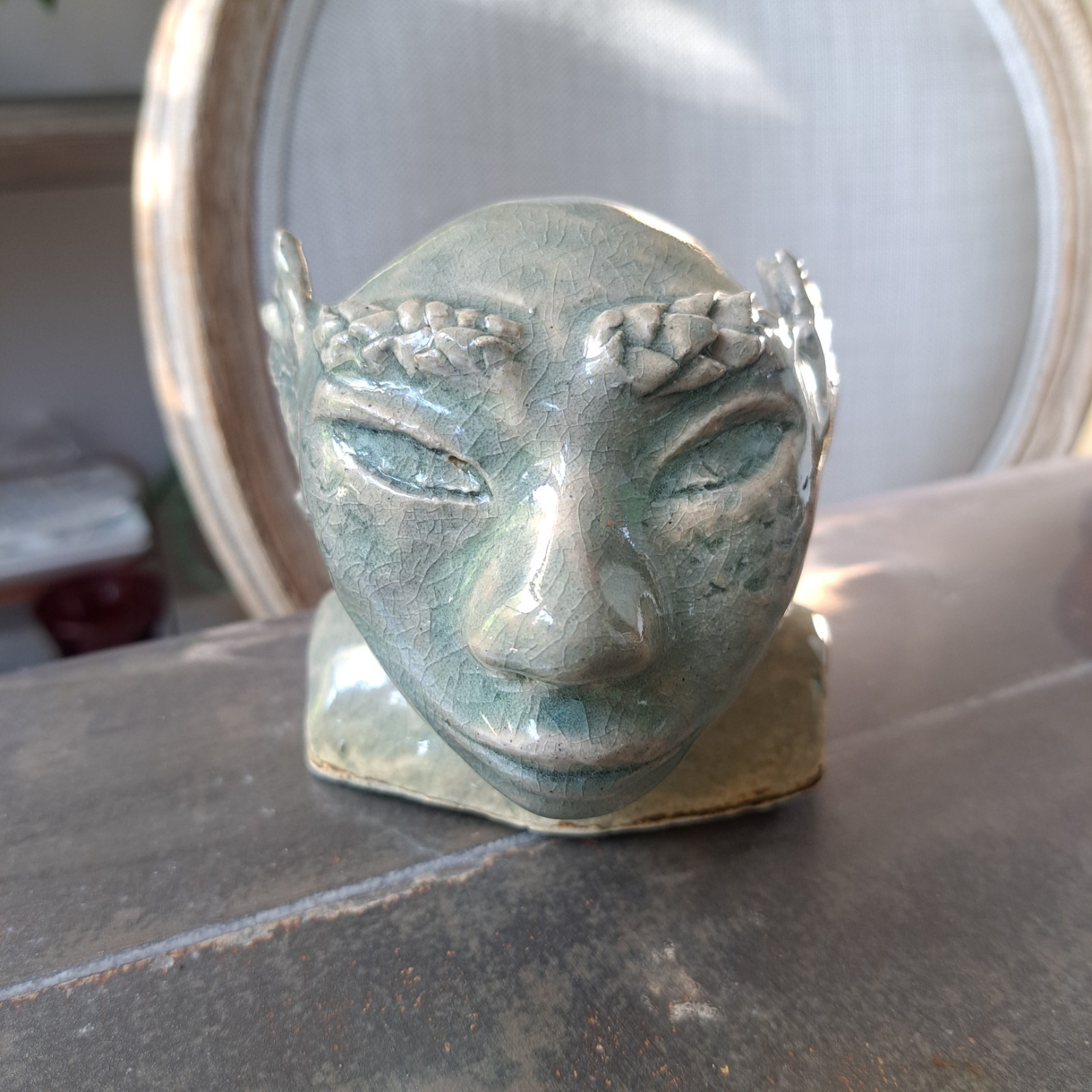 Green Alien Bust Studio Pottery Handmade Clay Figurine Statue Sculpture 4″x4″