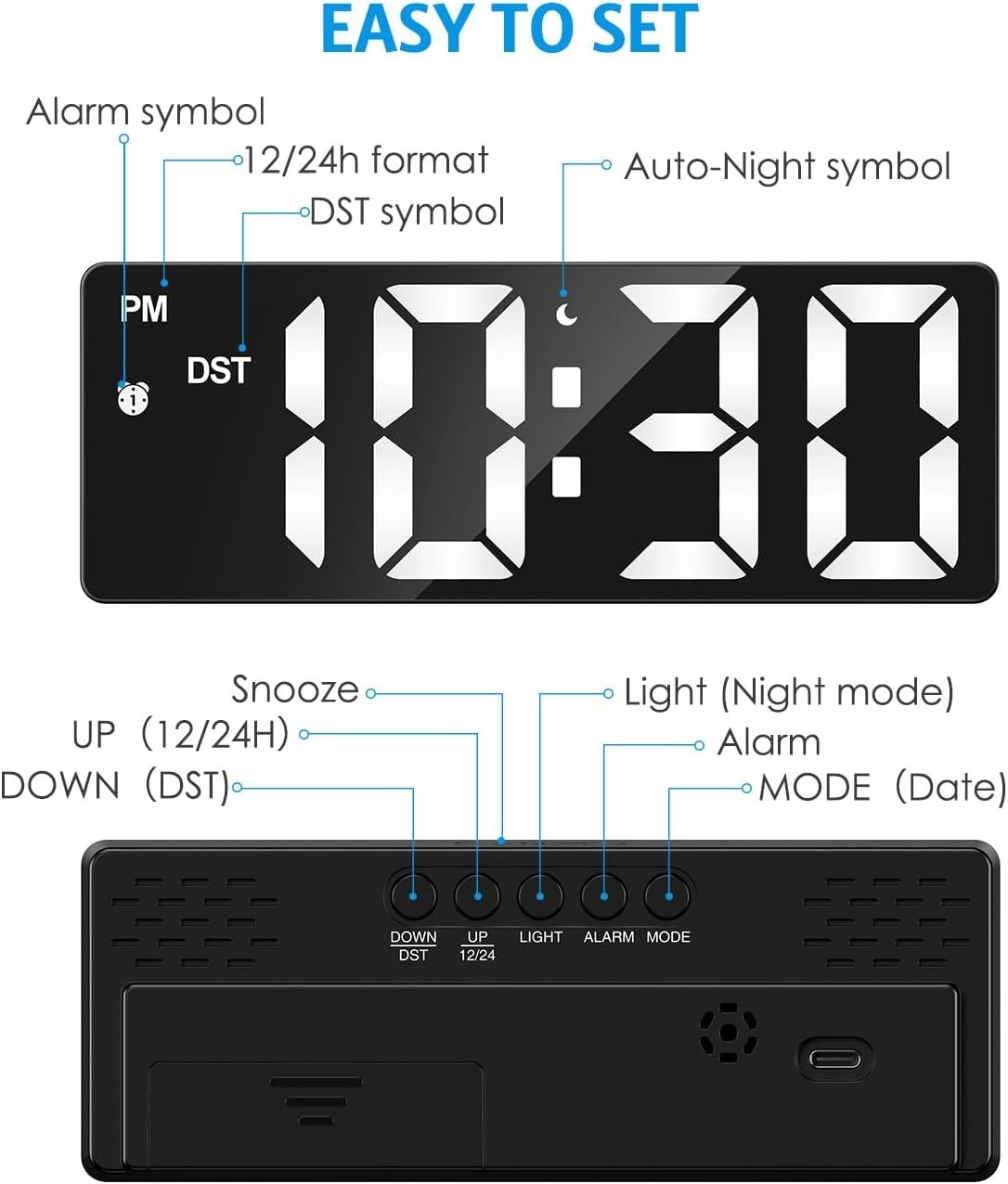 Digital Alarm Clock, LED Clock for Bedroom, Electronic Desk Clock w/ Type-C Port