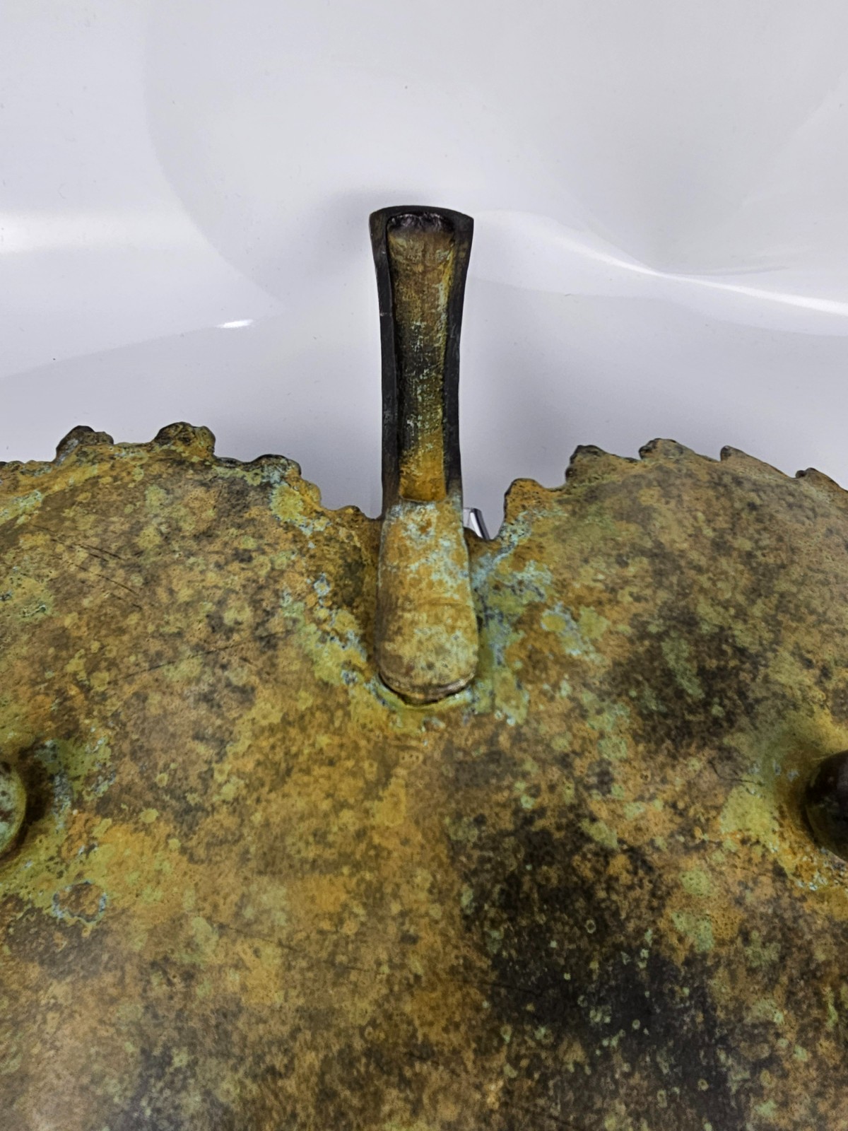 Large Decorative Metal Leaf Tray Bowel Verdigris Patina Ball Feet Serrated Edge