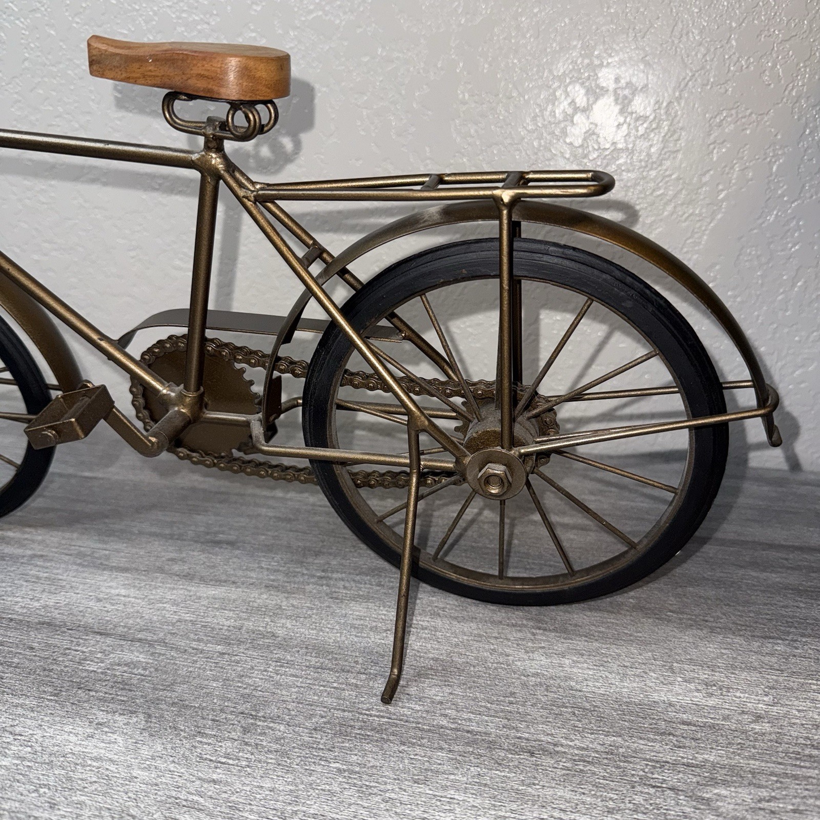 Bicycle Tabletop Home Decorative Metal Bike Sculpture Wood Seat Moveable Wheels