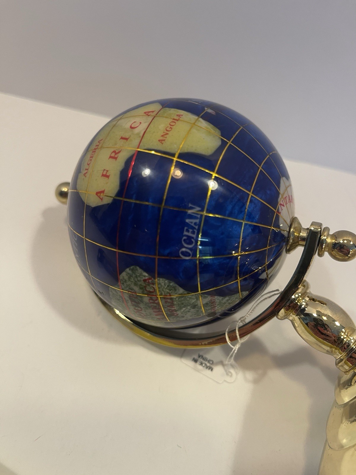 New in Box Brass Blue Lapis Inlaid Gemstone Desk Globe Cast Rotating Decor 6”
