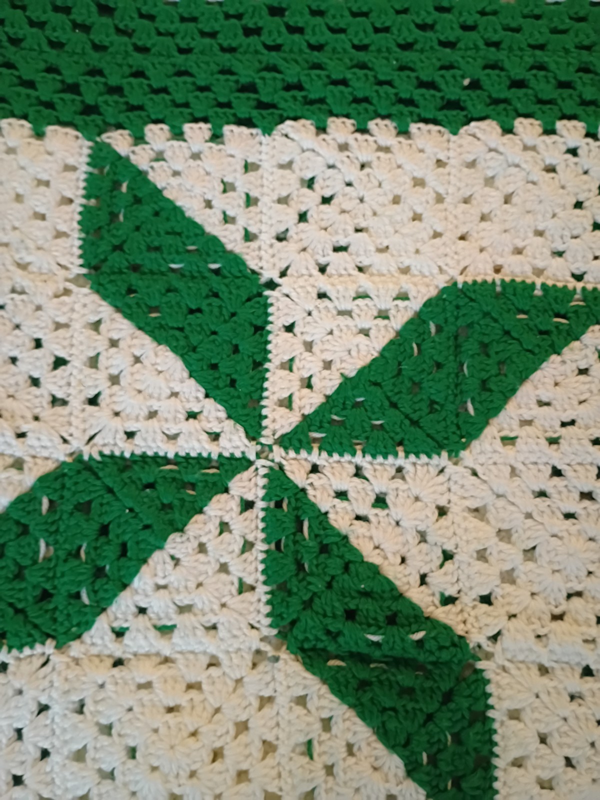 Vtg Handcrafted Crochet Knitted Afghan Throw Blanket Cover Green White 120″×100″