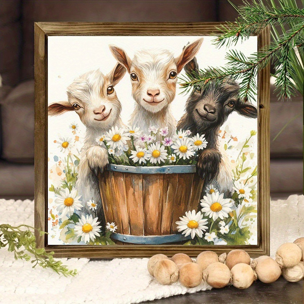 2D Farmhouse Goat & Daisy Art Plaque Tabletop Wall/Shelf Decoration Holiday Gift