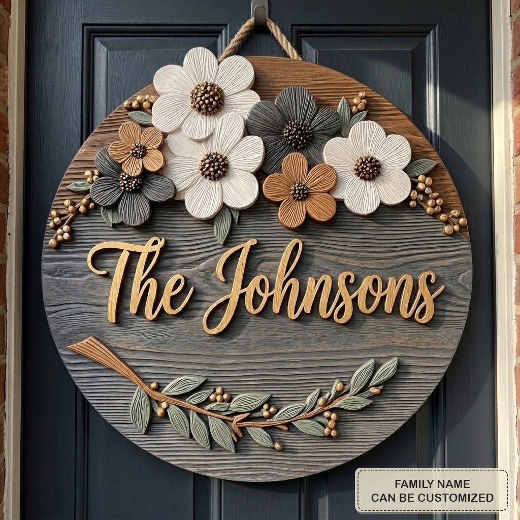 Custom Family Name Wooden Sign Floral Farmhouse Door Hanging Decor