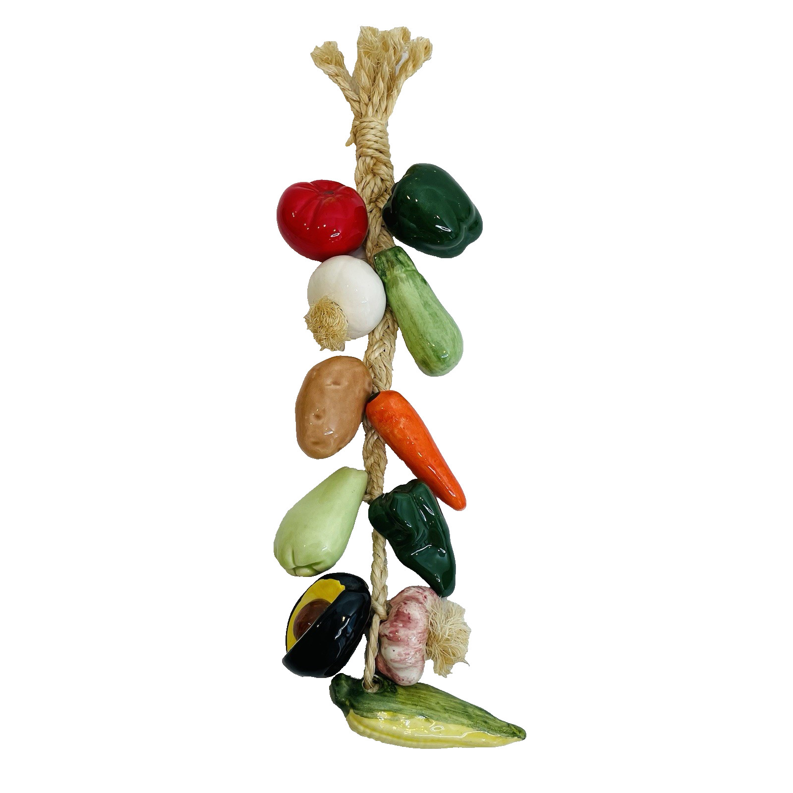 Mexico Ristra Veggies On A Rope, Ceramic Vegetables Jute Rope 15” Vintage 1990s