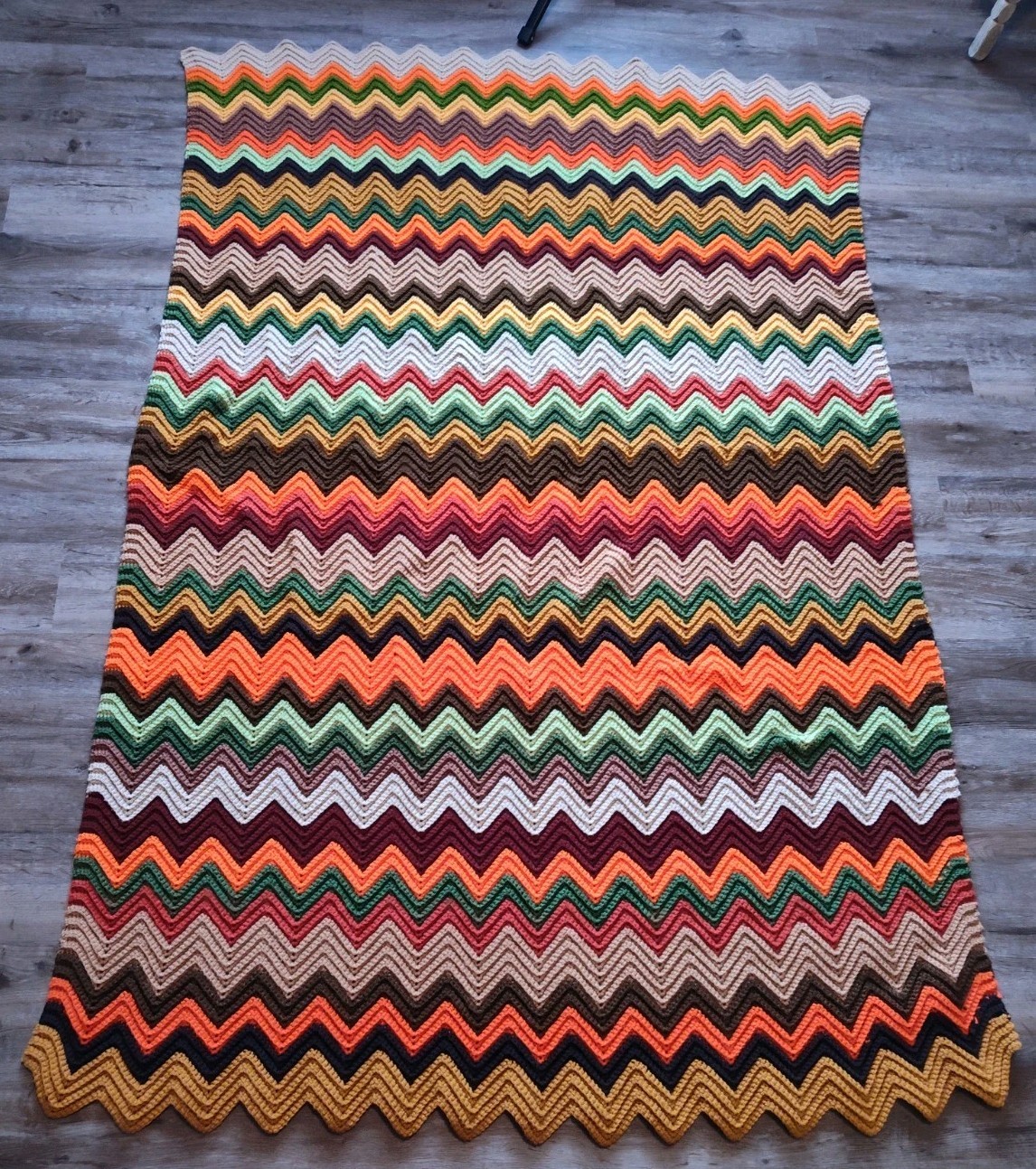 Vintage Handmade Crochet Knitted Chevron Blanket Afghan 72×50 Autumn Fall Retro